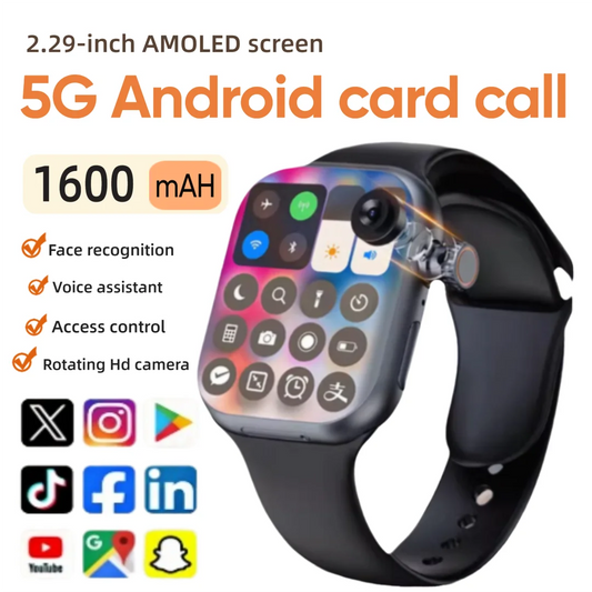5G Smartwatch Global Version – 2.29″ AMOLED Display | 180° Rotating Camera | SIM, Wi-Fi, GPS, Video Calling